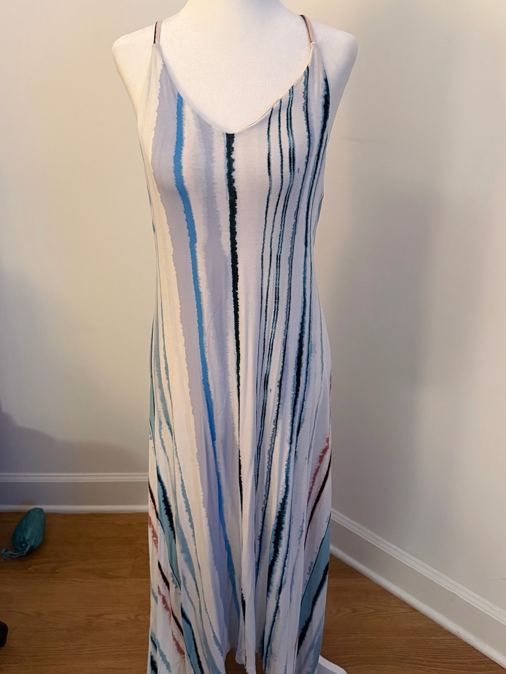 Striped V-Neck Maxi Dress in White and Blue
